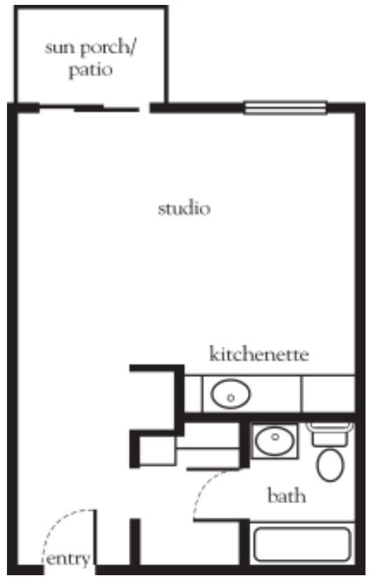 Studio apartment floor plan with kitchenette and bathroom.