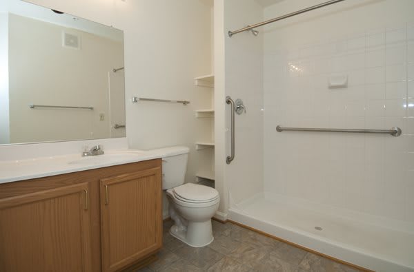 A modern bathroom with a shower, toilet, and sink.