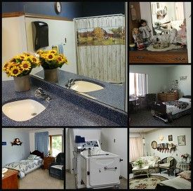 A collage of various rooms and facilities, including a bathroom with sinks and flowers, bedrooms with hospital beds, a bathtub, and a wheelchair.