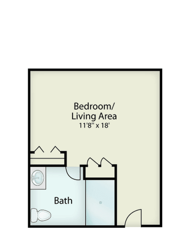 Studio apartment floor plan with combined bedroom and living area.