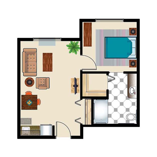A simple floor plan of a one-bedroom apartment featuring a living area, kitchen, bathroom, and bedroom.
