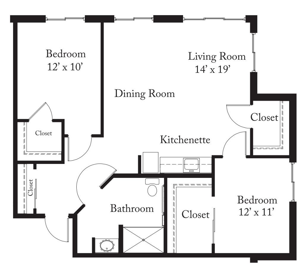 This image depicts a floor plan of a two-bedroom apartment with dimensions for each room, including a living room, dining area, kitchenette, bathroom, and closets.