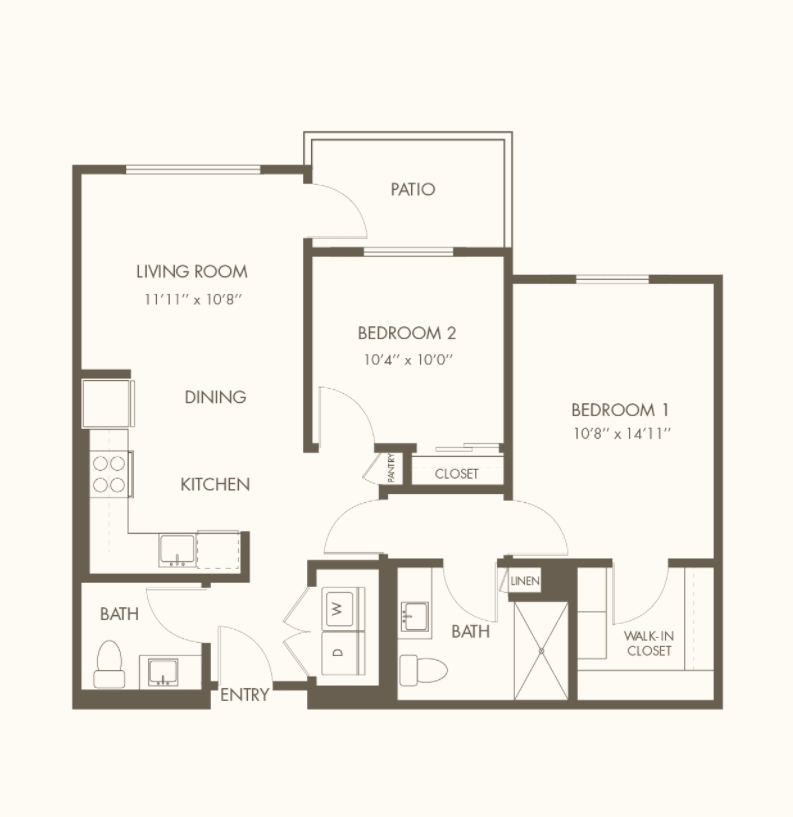 A blueprint of a two-bedroom apartment layout featuring a living room, dining area, kitchen, and balcony.