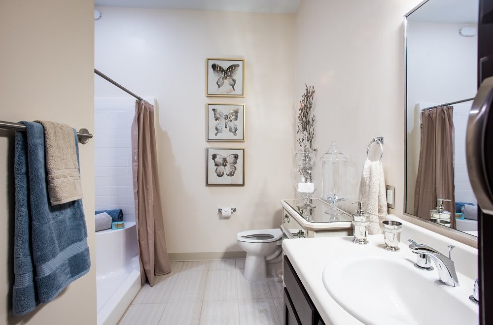 A stylish bathroom with butterfly artwork and modern decor.