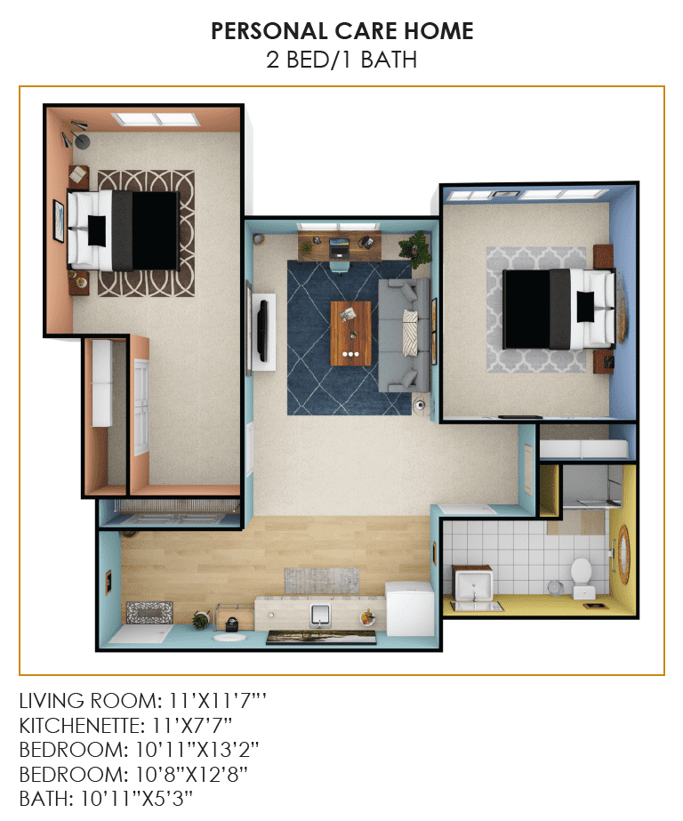 3D floor plan of an apartment featuring a living room, kitchen, and two bedrooms.