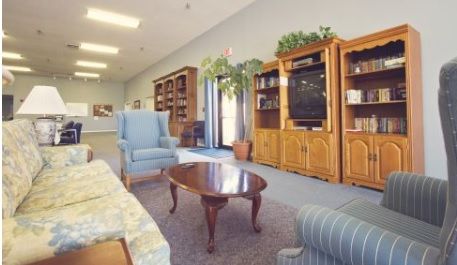 A cozy living room with armchairs, a coffee table, and wooden bookshelves.