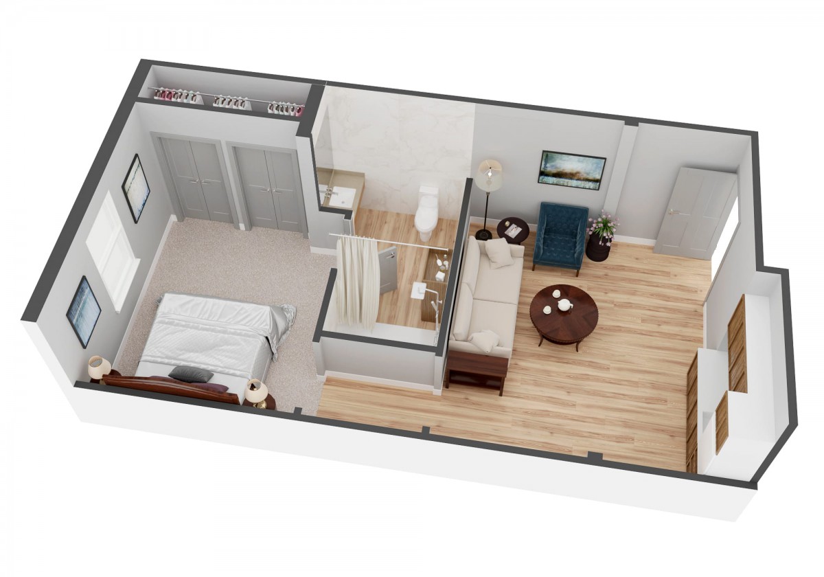 A 3D layout of a one-bedroom apartment, featuring a living area, bedroom, and bathroom.