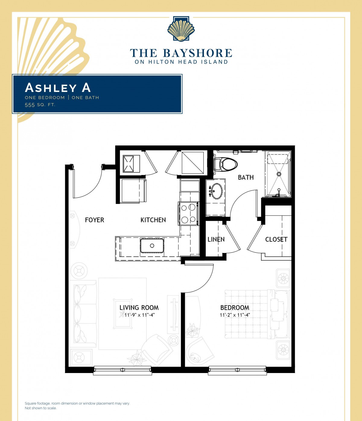 Floor plan of a one-bedroom apartment featuring a living room, kitchen, and bathroom.