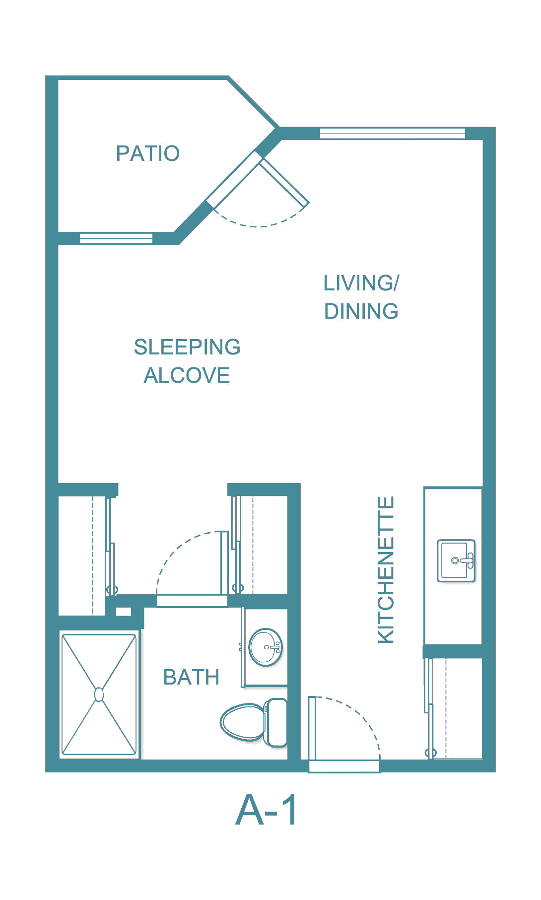 Diagram of a studio apartment floor plan with living/dining area, sleeping alcove, kitchenette, and bathroom.
