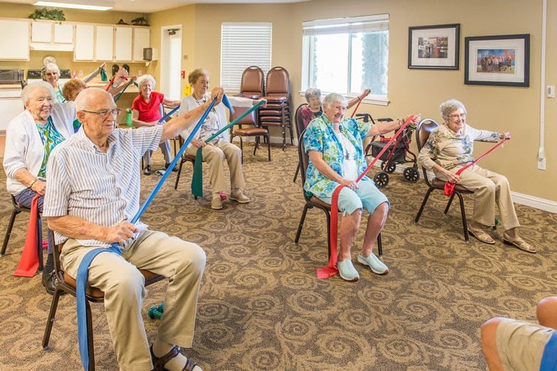 A group of seniors participating in a seated exercise session using resistance bands at a community center.