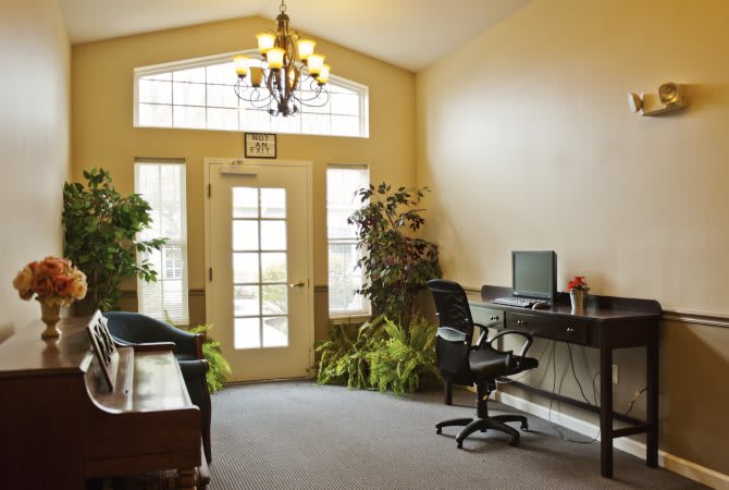 A comfortable office space with a computer desk, chair, and decorative plants near a large window.