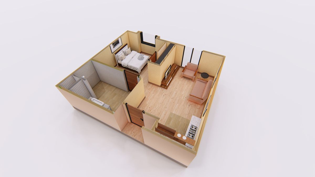 3D rendered floor plan of a compact apartment featuring a bedroom, kitchen, and living area.