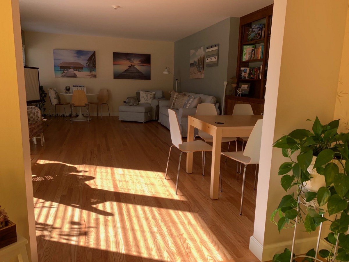 A sunny living room with a dining area and modern furniture.