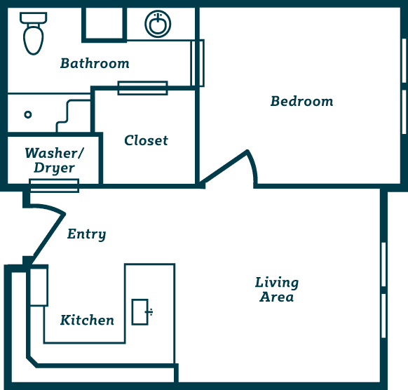 A floor plan of a one-bedroom apartment featuring a kitchen, living area, bathroom, closet, and washer/dryer.