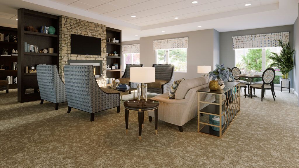A cozy living room with comfortable seating and a fireplace.