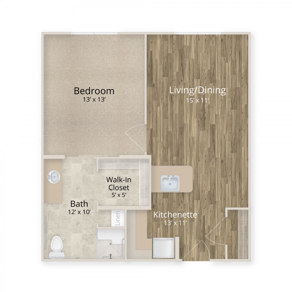 A floor plan of an apartment featuring a bedroom, kitchen, living/dining area, and bathroom.