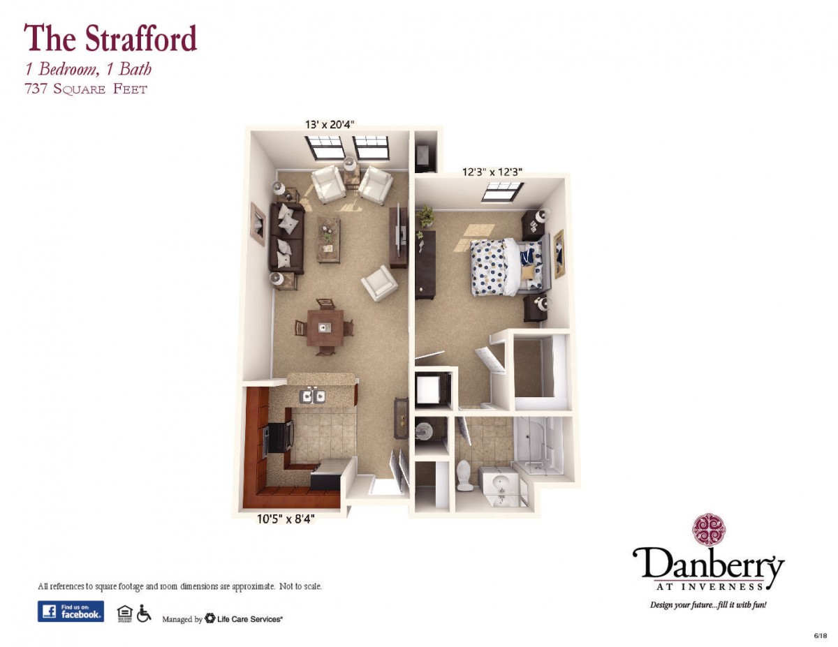3D floor plan of a one-bedroom, one-bathroom apartment featuring a living room and kitchen.