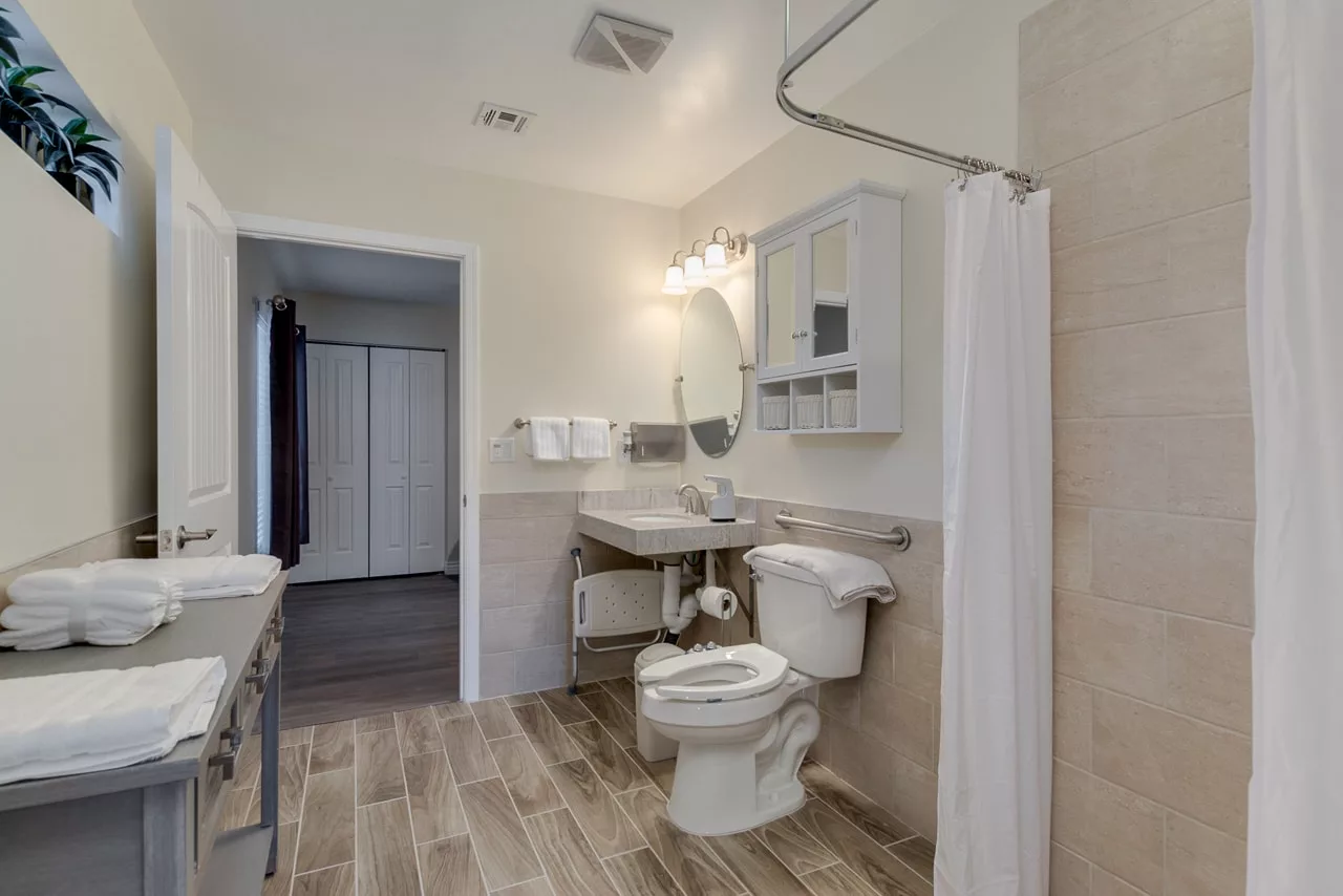 Modern accessible bathroom with wooden flooring and safety features.