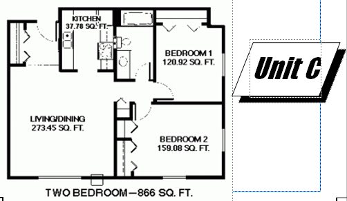 A floor plan of a two-bedroom apartment measuring 866 square feet.