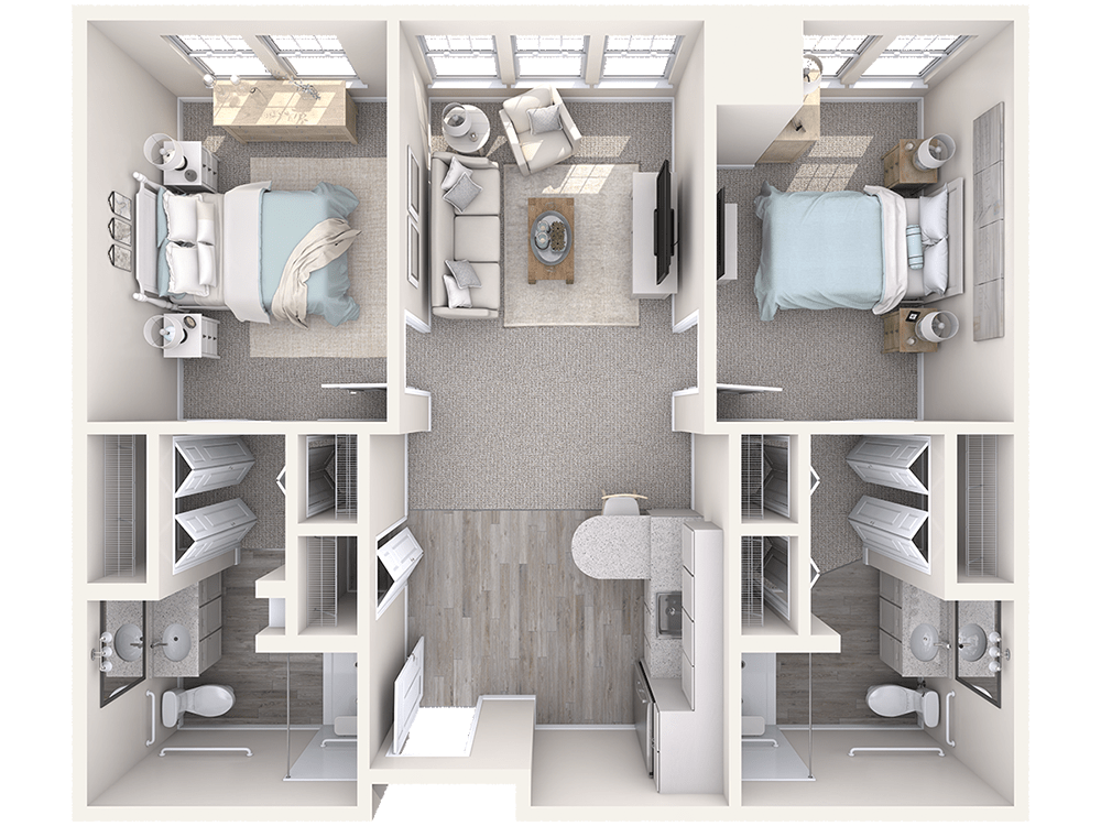 A detailed floor plan of a two-bedroom apartment featuring a living room, kitchen, and bathrooms.