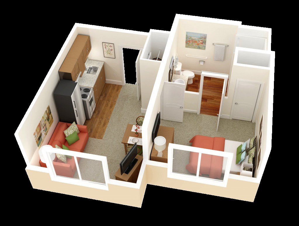 A 3D floor plan of a compact apartment featuring a kitchen, living area, and bedroom.