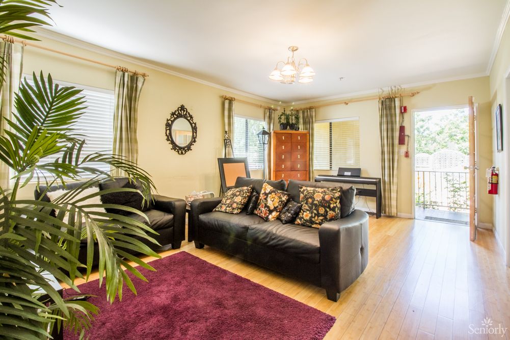 A cozy living room featuring a black leather sofa and armchair, a purple rug, wooden flooring, and decorative elements like a mirror and plants.