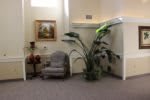A cozy living room corner featuring a plush armchair, a large indoor plant, and decorative artwork.