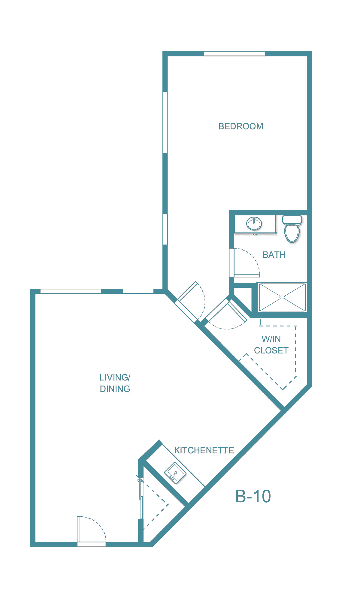 A simple floor plan of an apartment, featuring a living/dining area, bathroom, and closet.