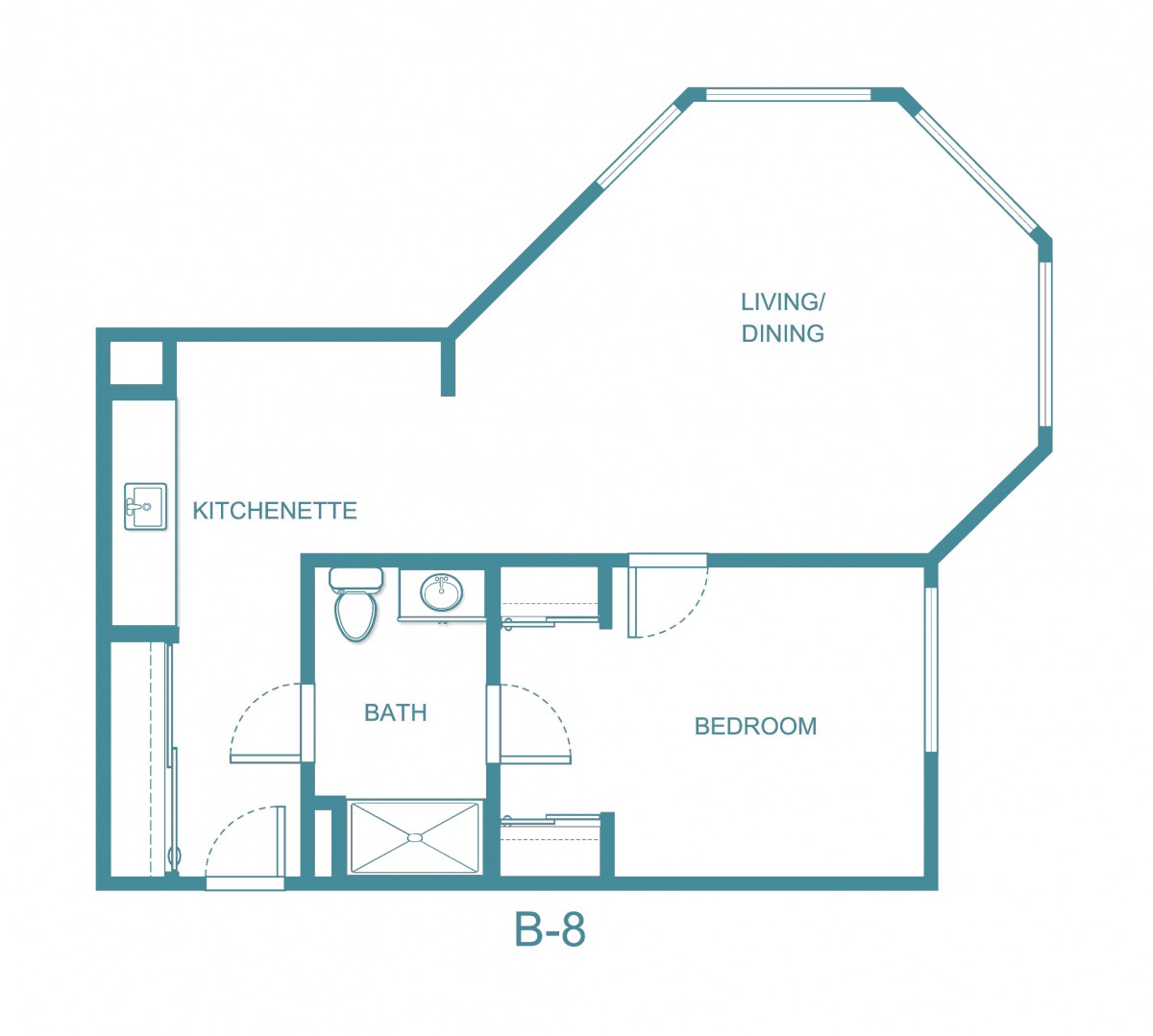 A simple floor plan for a small apartment featuring a living room, bedroom, kitchenette, and bathroom.