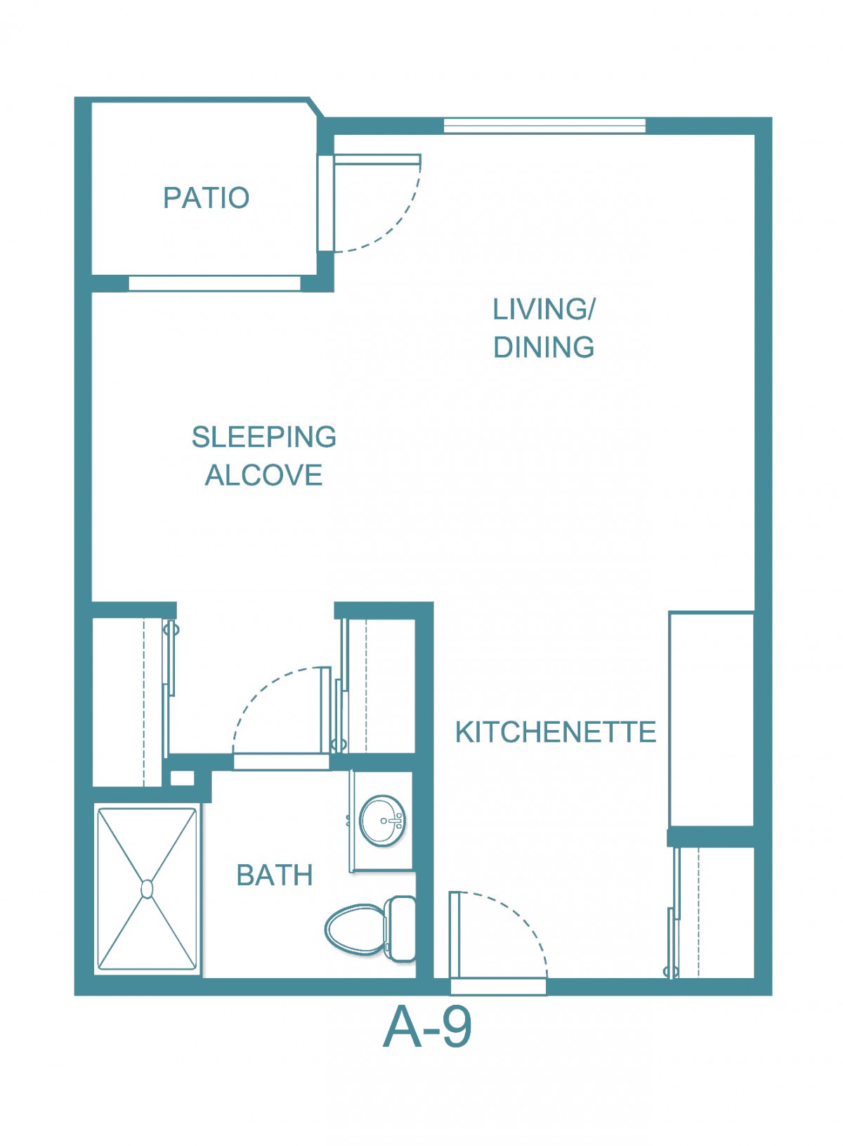 Studio apartment floor plan with a sleeping alcove, kitchenette, bath, and patio.