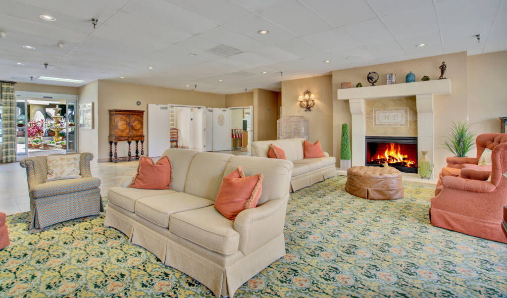 A cozy living room with sofas, a fireplace, and decorative elements.