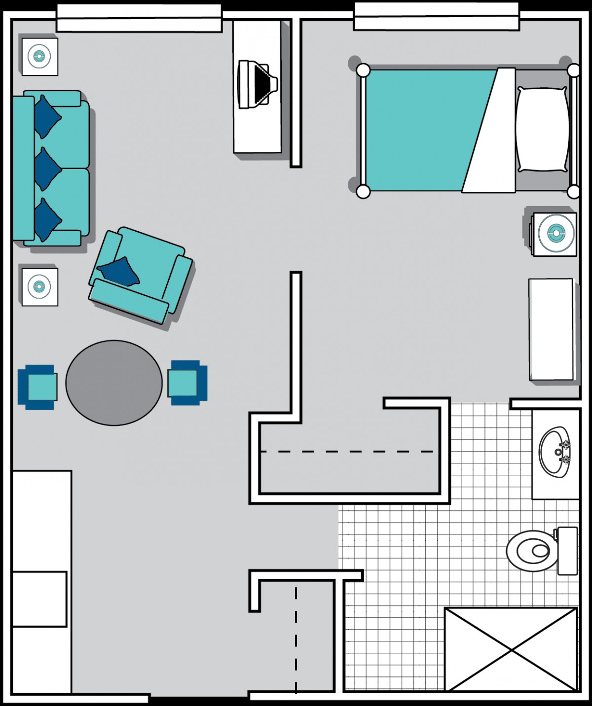 Modern apartment floor plan with a living room, bedroom, and bathroom.