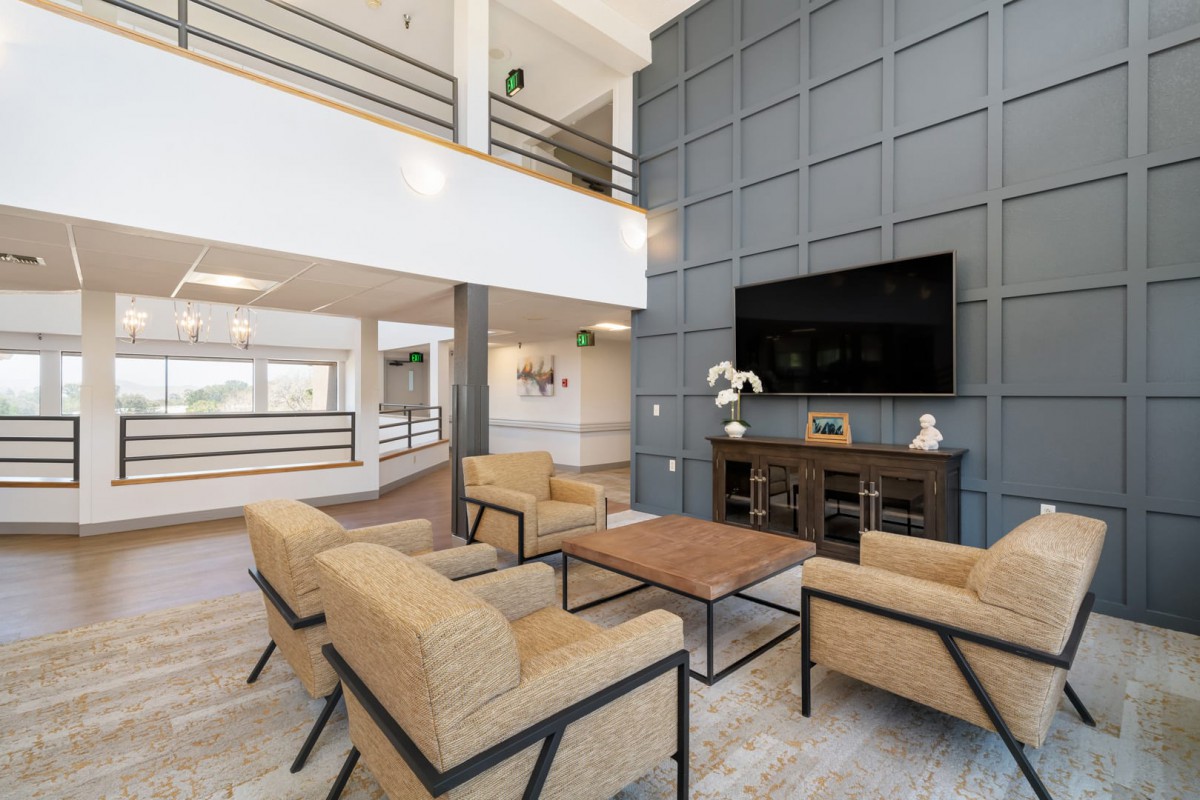 A spacious and modern living room with contemporary furniture and a large TV.