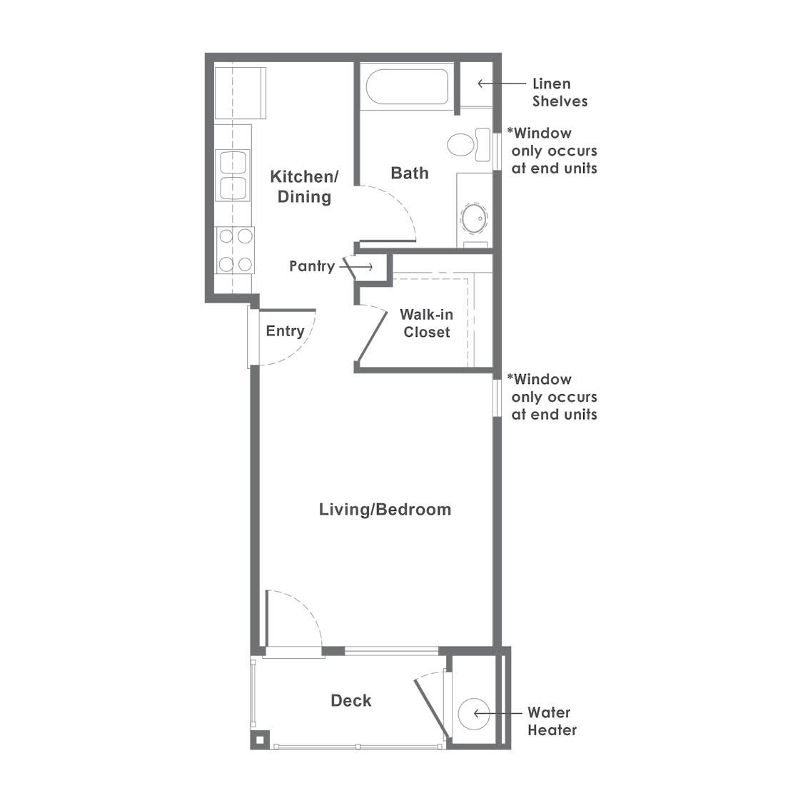 Floor plan of an apartment featuring a living room, kitchen/dining area, bathroom, built-in closet, and balcony.