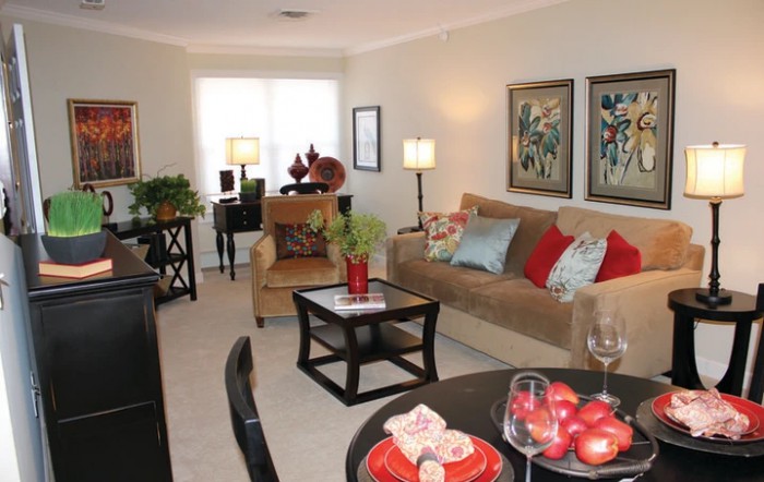 A cozy living room with stylish furniture and vibrant decorations.