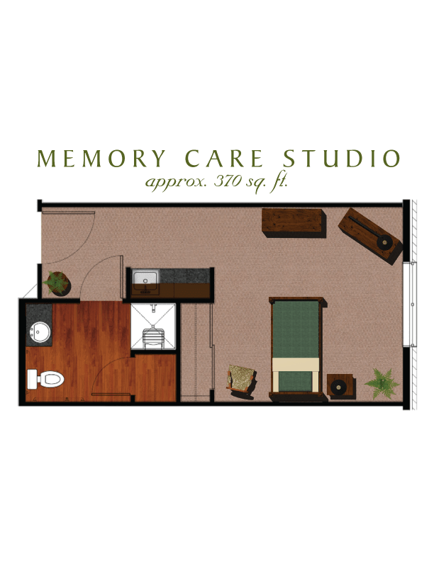 Floor plan of a Memory Care Studio apartment, approximately 300 sq. ft.