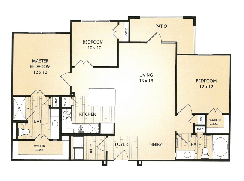 A floor plan of a two-bedroom apartment featuring a living room, kitchen, dining area, and bathrooms.