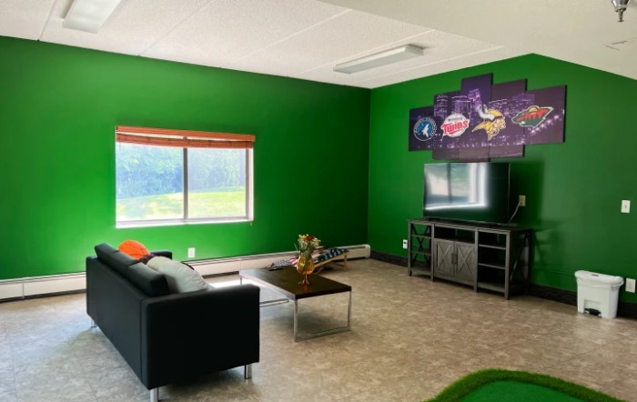 A modern living room with vibrant green walls, a comfortable couch, and a television.
