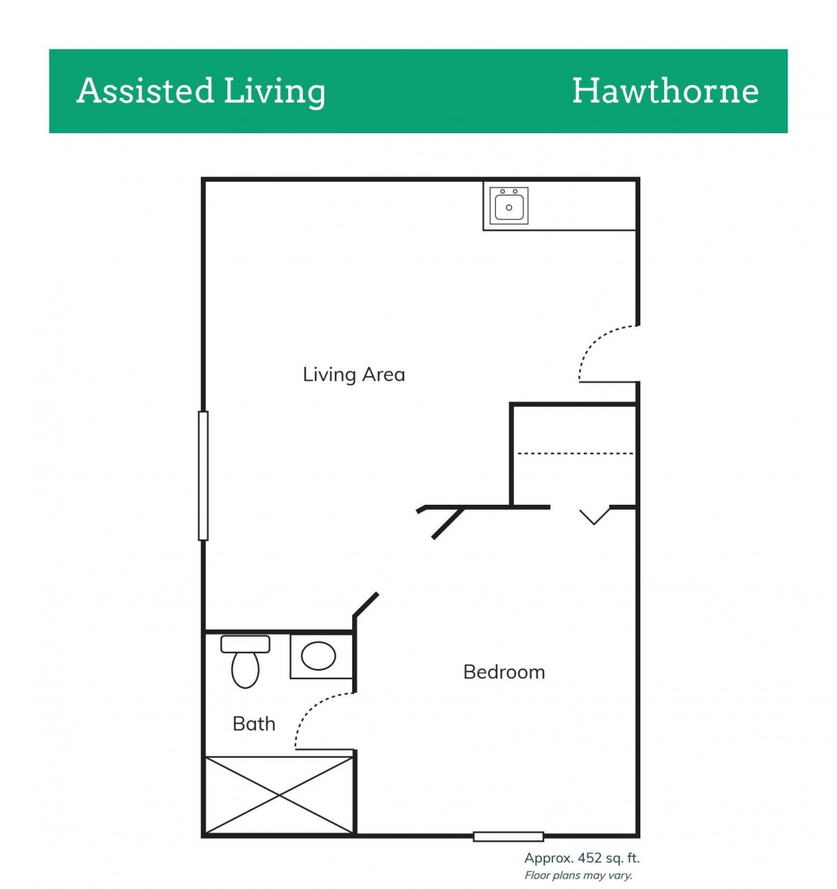 Assisted living floor plan showing a layout with a living room, bedroom, and bathroom.