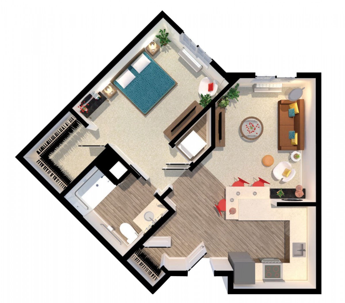 A modern one-bedroom apartment floor plan featuring an open living area and compact design.