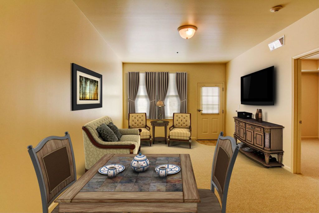 A cozy living room with modern furniture and warm lighting.