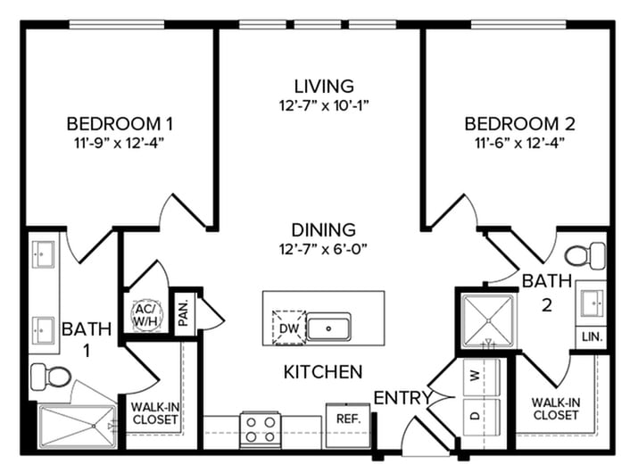 A two-bedroom apartment floor plan with living and dining areas.