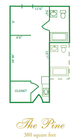 A simple studio apartment floor plan layout.