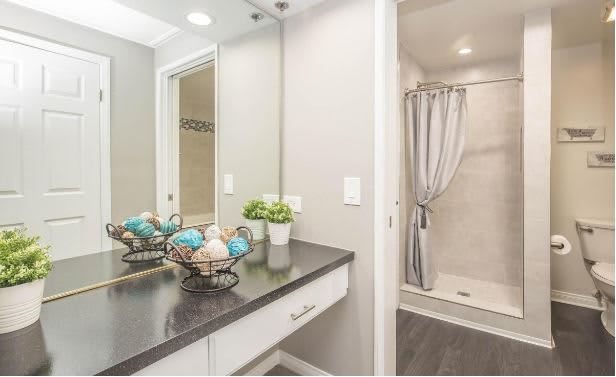 A modern bathroom with a sleek vanity, large mirror, and walk-in shower.