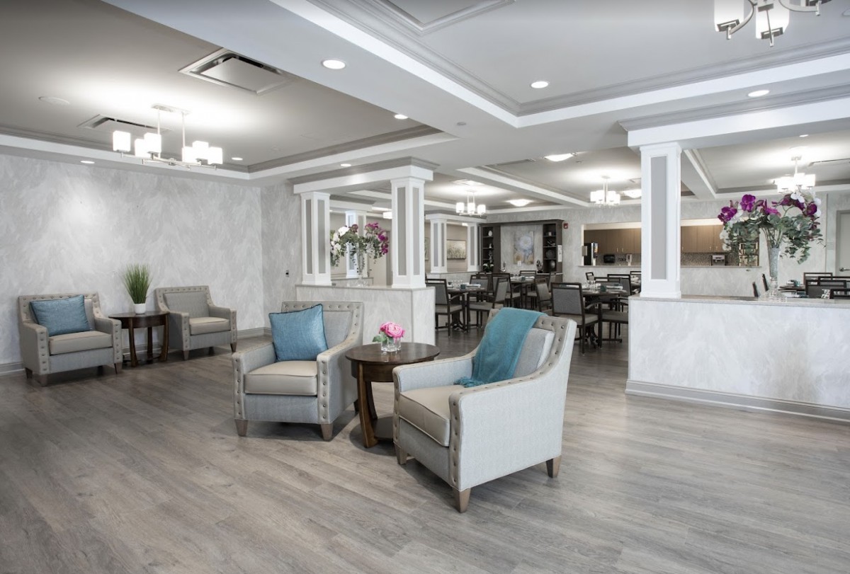 A modern lobby with comfortable seating and stylish decor.