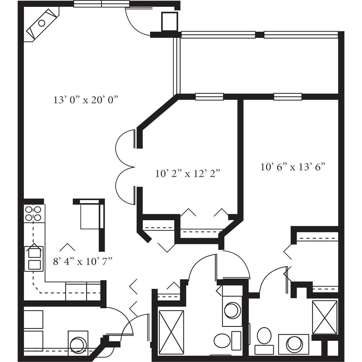 A detailed architectural floor plan of an apartment, showcasing room dimensions and layout.
