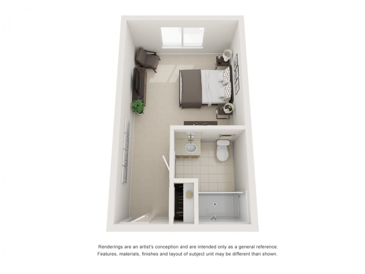 A 3D floor plan of a small bedroom with a bed, desk, and bathroom.