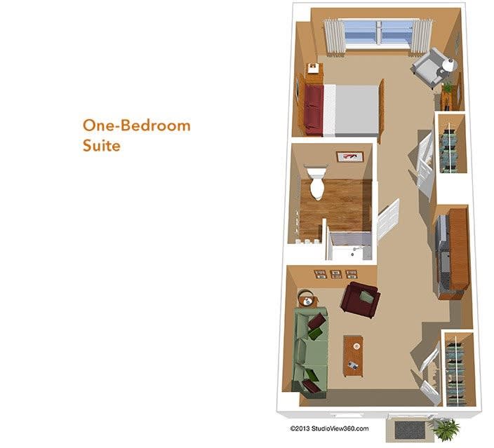 A one-bedroom suite floor plan showcasing the layout and furniture arrangement.