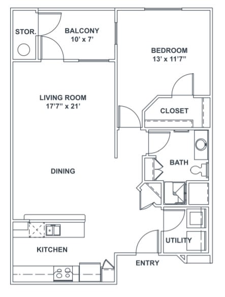 A floor plan of a one-bedroom apartment including living room, kitchen, bathroom, and closet.