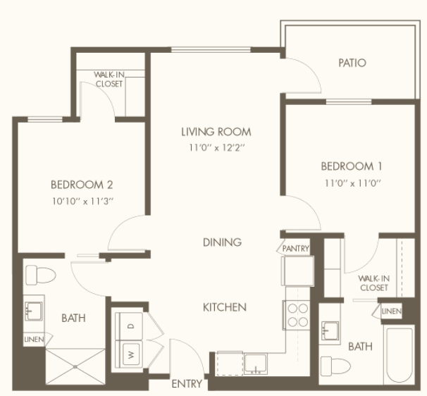 A floor plan of a two-bedroom apartment featuring a living room, kitchen, and balcony.